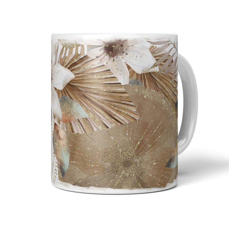 Dekorative Tasse mit schönem Motiv Pflanzen Blumen Blüten goldene Element Brauntöne