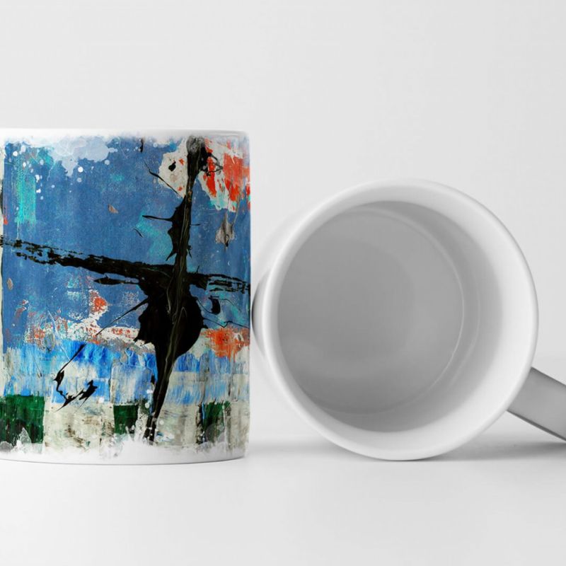 Tasse Geschenk kornblumenblaue Grundierung; weiß,grün,orange Flächen;schwarzes Kreuz