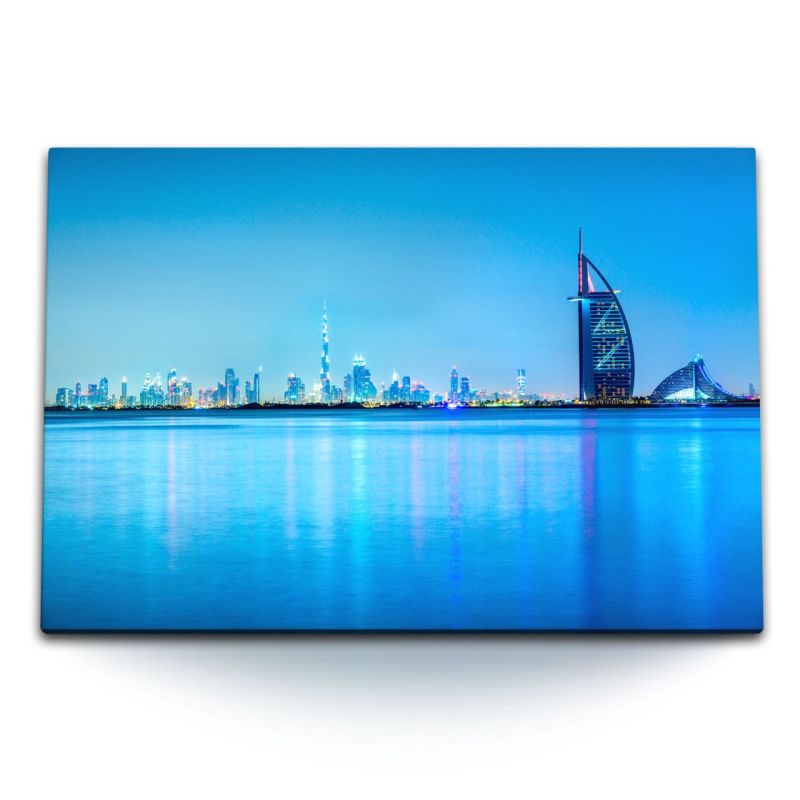 120x80cm Wandbild auf Leinwand Dubai Skyline Blau Abenddämmerung Stadt Hochhäuser