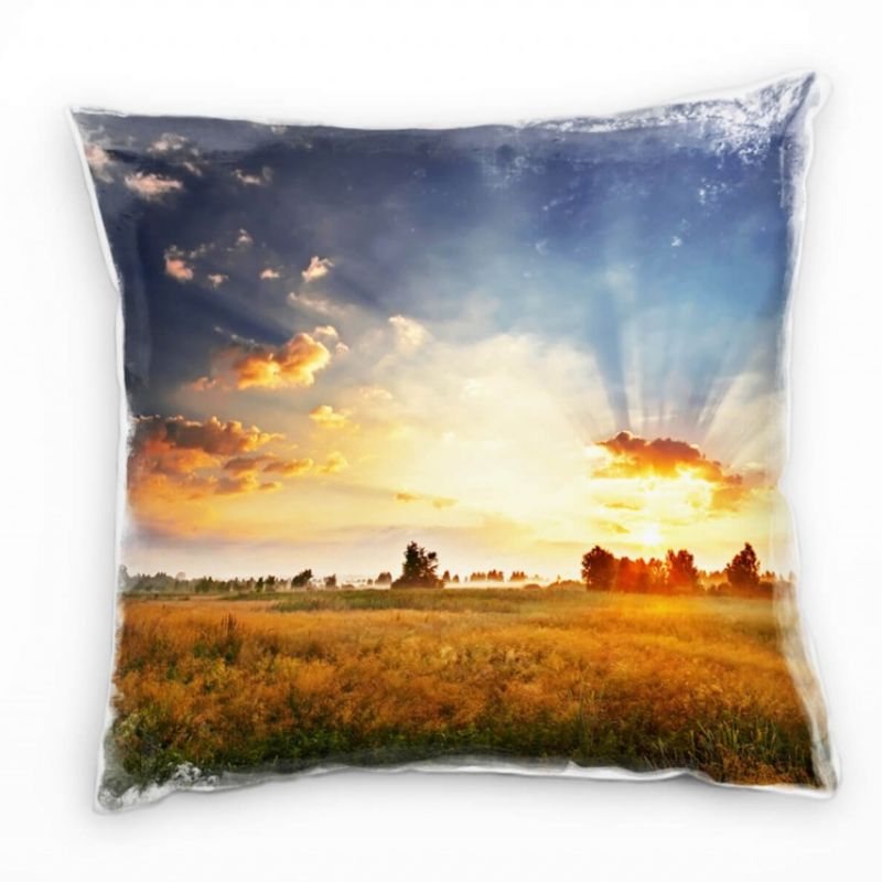 Landschaft, braun, blau, orange, Feld, Sonnenuntergang Deko Kissen 40x40cm für Couch Sofa Lounge Zie