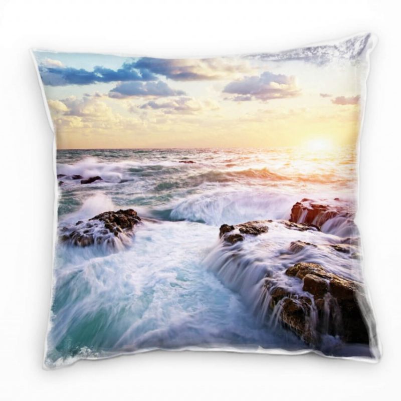 Meer, orange, blau, weiß, Brandung, Felsen, Sonnenuntergang Deko Kissen 40x40cm für Couch Sofa Loung