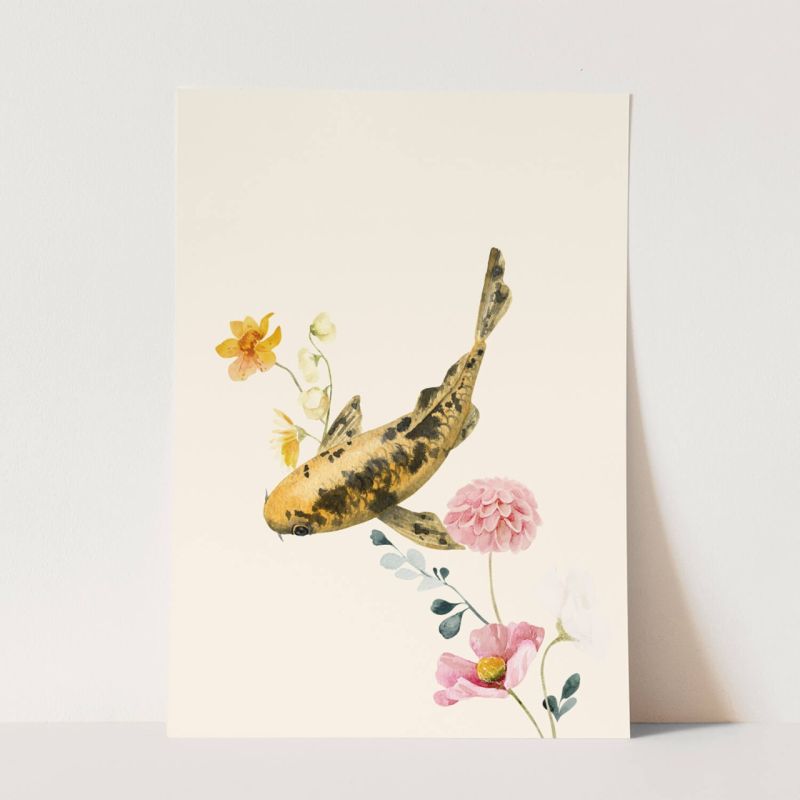 Wandbild goldener Koi Blumen Blüten Kunstvoll Wasserfarben