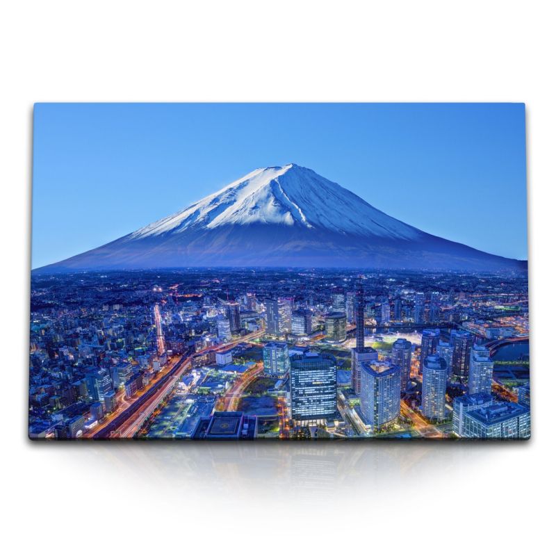 120x80cm Wandbild auf Leinwand Fuji Japan Yokohama Berge Schneegipfel Blau