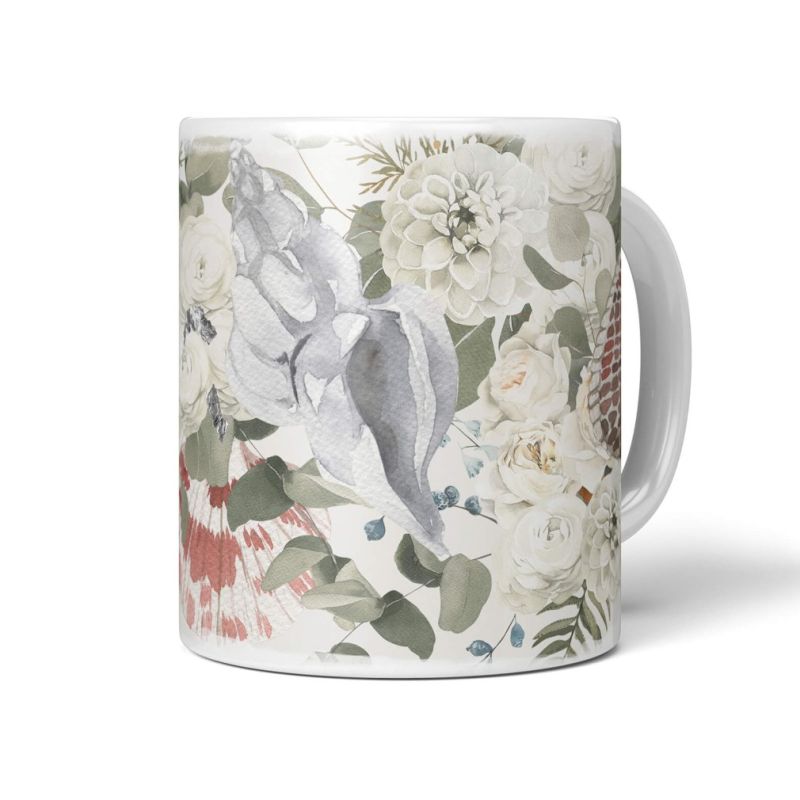 Dekorative Tasse mit schönem Motiv Muscheln Blumen Blüten Wasserfarben Vintage Pastelltöne