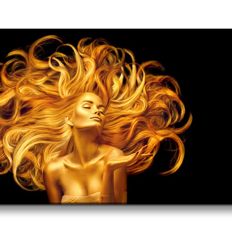 Leinwandbild 120x60cm Model Make-Up Gold Kunstvoll Fashion Löwin