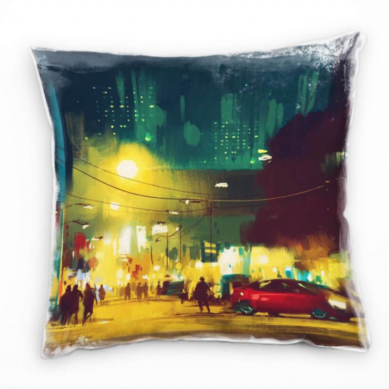 City, Nacht, gemalt, orange, blau Deko Kissen 40x40cm für Couch Sofa Lounge Zierkissen