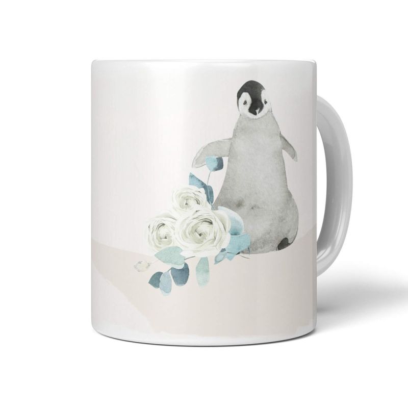 Tasse Porzellan Tier Motiv kleiner Pinguin flauschig Blumen Süß