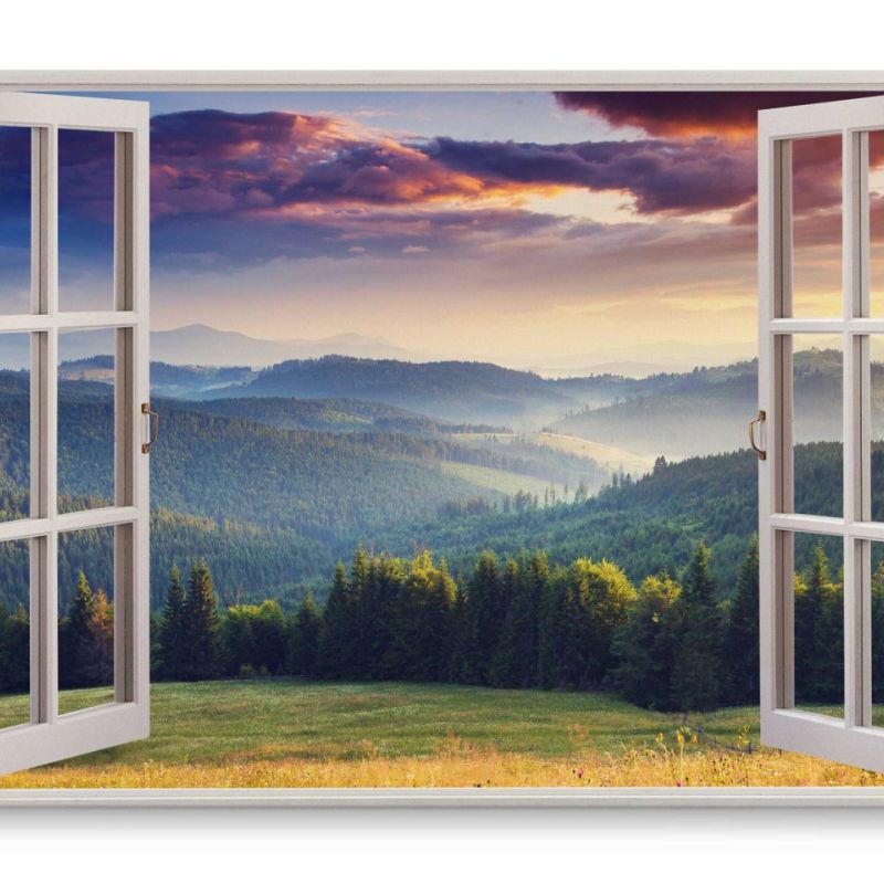 Wandbild 120x80cm Fensterbild Natur Landschaft Berge Wald Bäume Sonnenuntergang