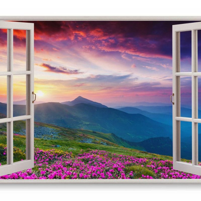 Wandbild 120x80cm Fensterbild Abendrot Berge Blau Blumen Wiesen Sonnenuntergang