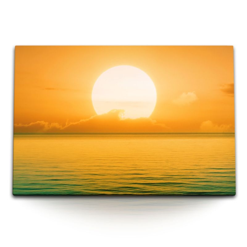 120x80cm Wandbild auf Leinwand Sonne Sonnenuntergang Meer Horizont roter Himmel