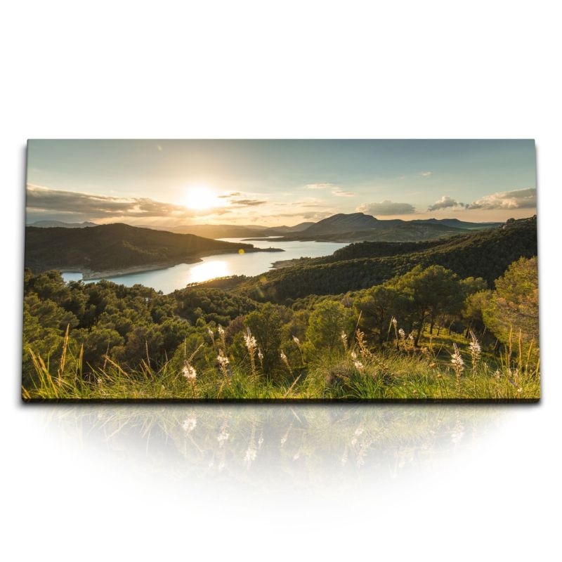 Kunstdruck Bilder 120x60cm Sonnenuntergang Berge See Natur Landschaft