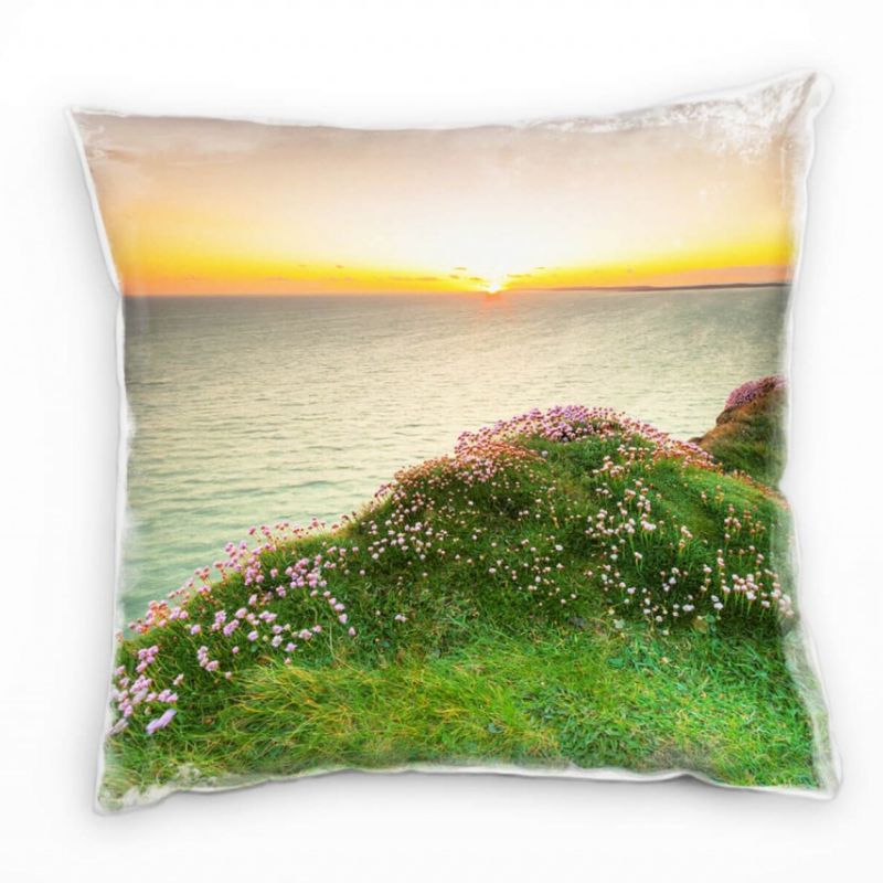 Landschaft, Wasser, Blumen, Sonnenaufgang, orange Deko Kissen 40x40cm für Couch Sofa Lounge Zierkiss