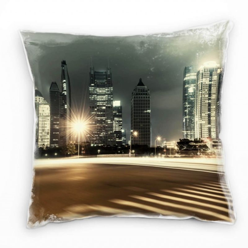 City, Shanghai, Nacht, Lichter, braun, grau Deko Kissen 40x40cm für Couch Sofa Lounge Zierkissen