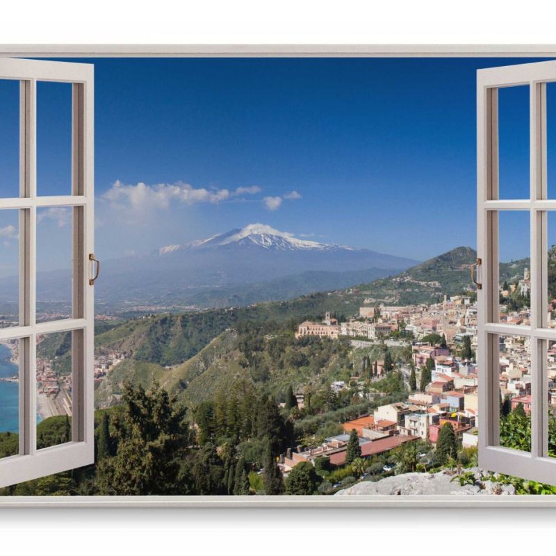 Wandbild 120x80cm Fensterbild Sizilien Italien Landschaft Vulkan Meer Küste