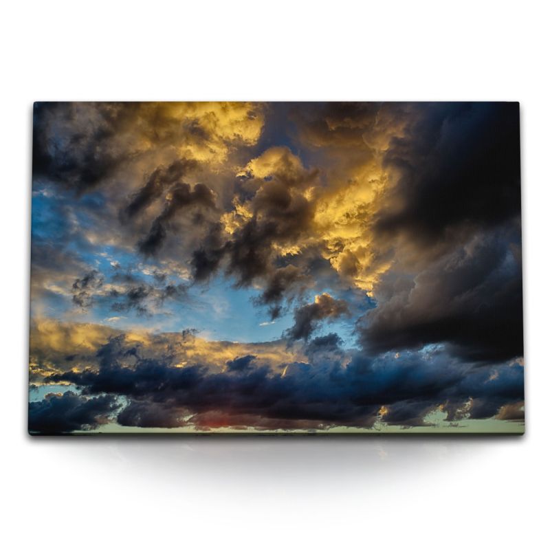 120x80cm Wandbild auf Leinwand Gewitterwolken dunkler Himmel Regenwolken Sonnenstrahl