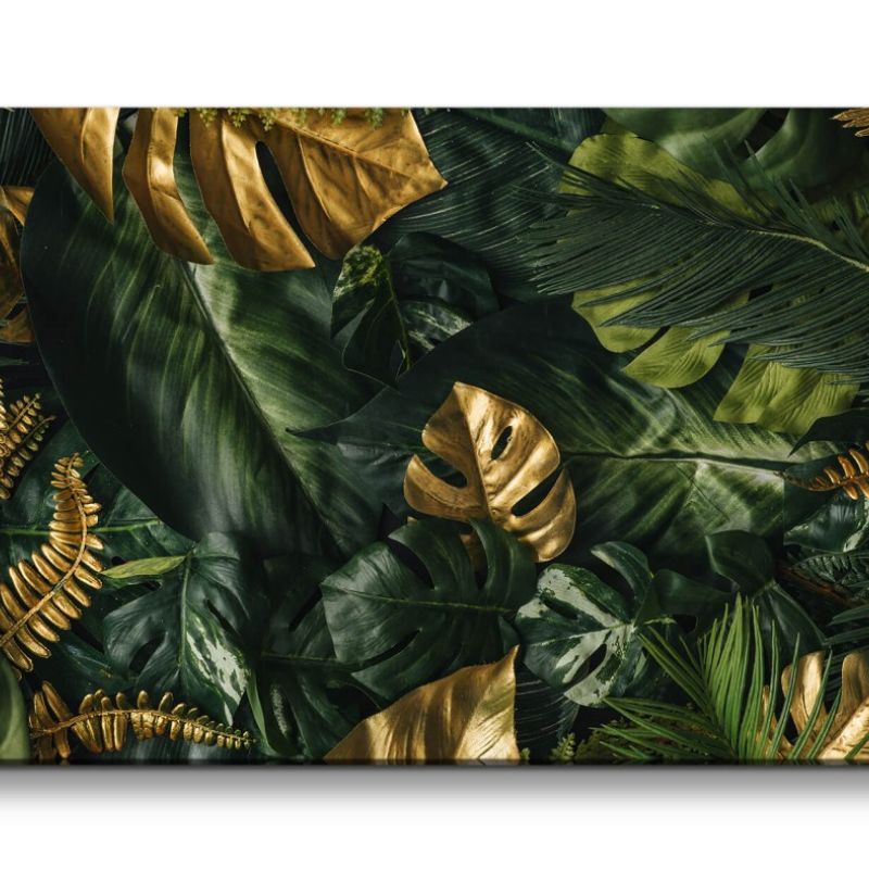 Leinwandbild 120x60cm Grüne Blätter Gold Dekorativ Fotokunst Natur