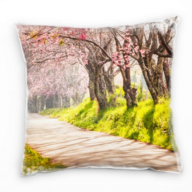 Natur, rosa, grün, Kirschblüten, Allee, Thailand Deko Kissen 40x40cm für Couch Sofa Lounge Zierkisse