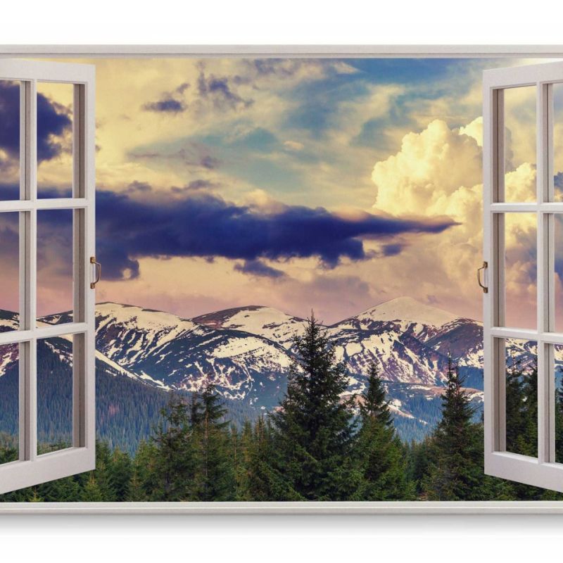 Wandbild 120x80cm Fensterbild Berge Schneegipfel Natur Tannen Tannenwald