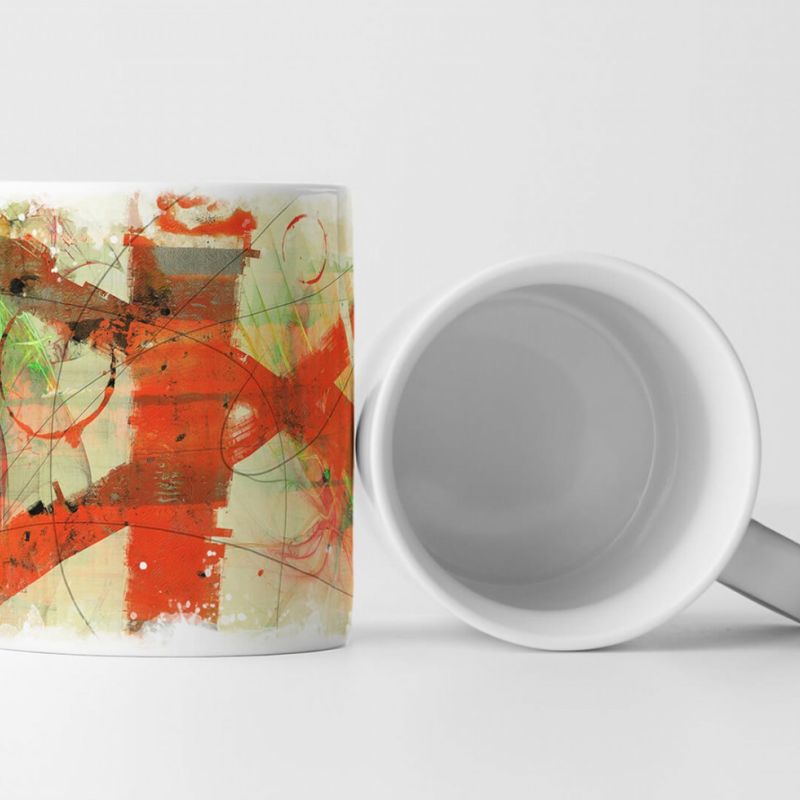 Tasse Geschenk khaki Hintergrund; orange, schwarz, gelbgrüne Abstraktionen