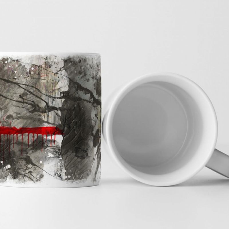 Tasse Geschenk hell/-dunkelgrau Abstraktion; rote Elemente + Aufschrift