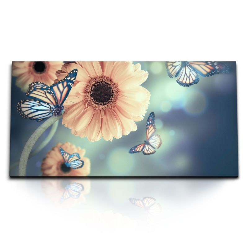 Kunstdruck Bilder 120x60cm Rosa Blumen Schmetterlinge Sommer Blüten