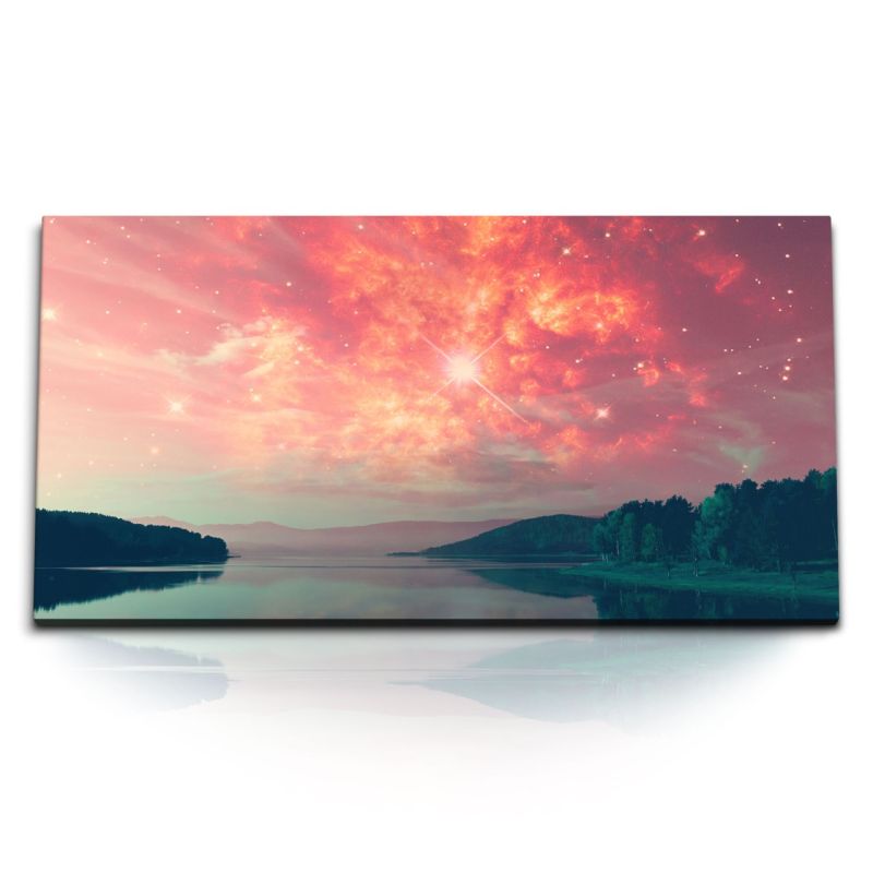 Kunstdruck Bilder 120x60cm Astrofotografie Sterne Sternenhimmel See Natur Rot