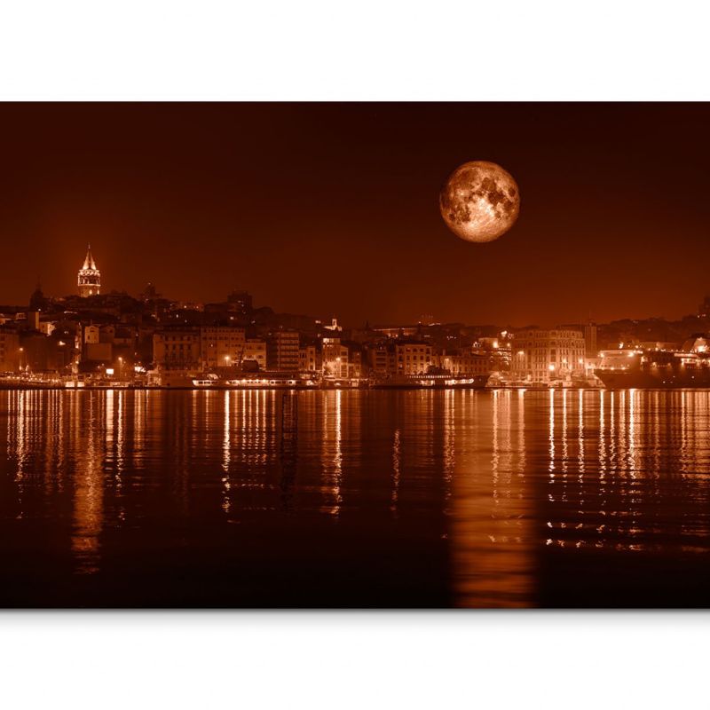 120x80cm Wandbild Istanbul Bosporus Galataturm und -brücke Nacht Mond