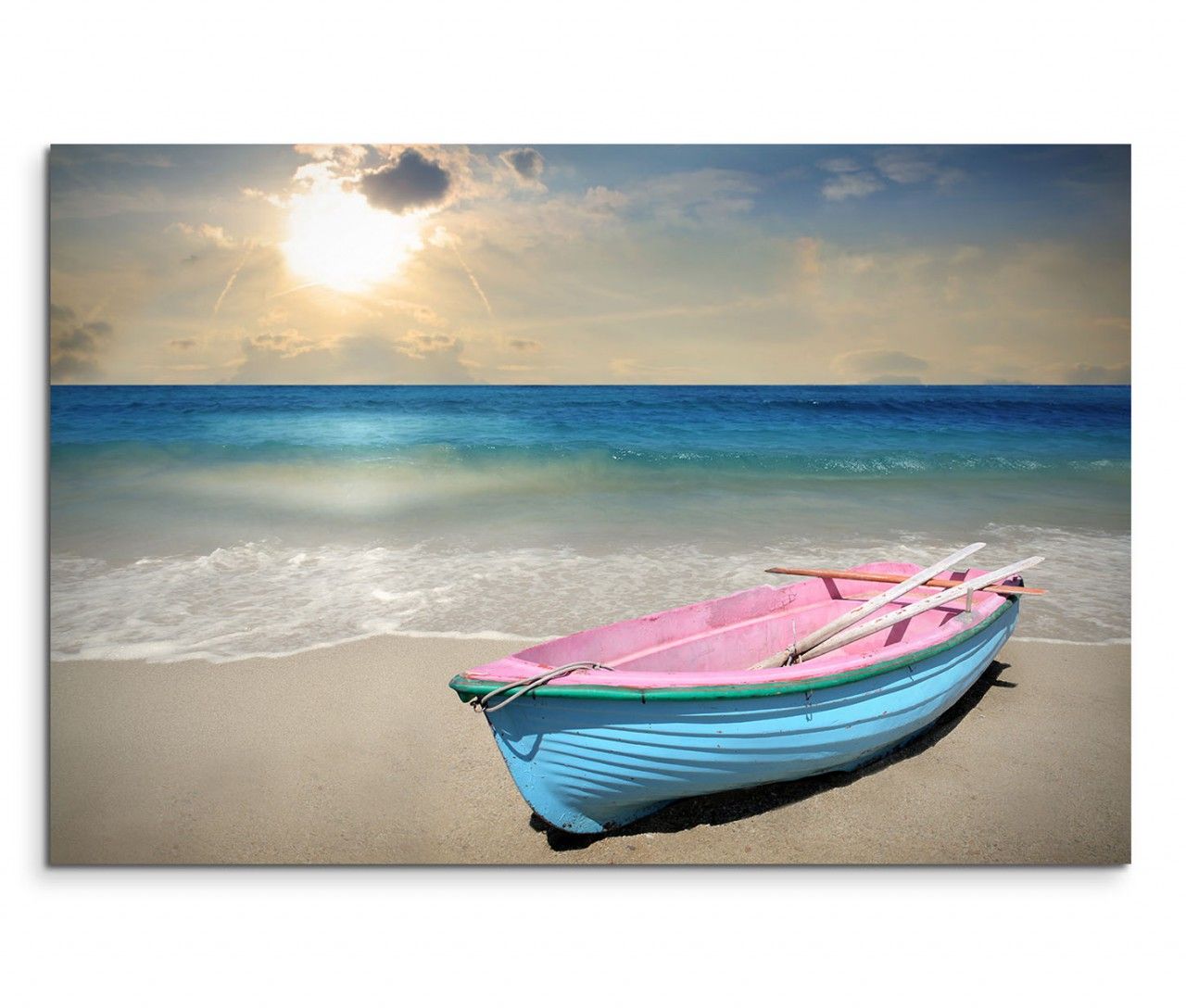 120x80cm Wandbild Strand Meer Holzboot Sonnenuntergang