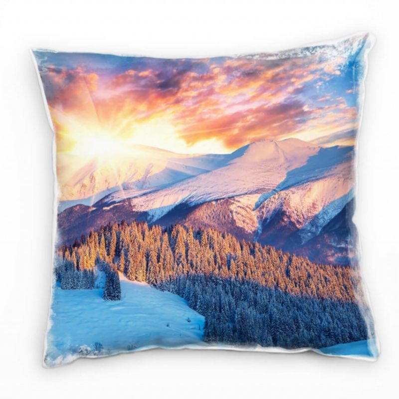 Winter, orange, blau, Schnee, Nadelwald, Berge Deko Kissen 40x40cm für Couch Sofa Lounge Zierkissen