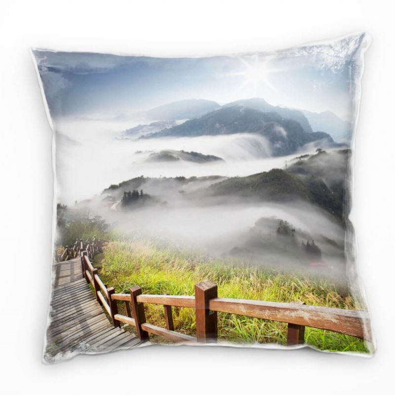 Landschaft, braun, grün, blau, Berge, Nebel Deko Kissen 40x40cm für Couch Sofa Lounge Zierkissen