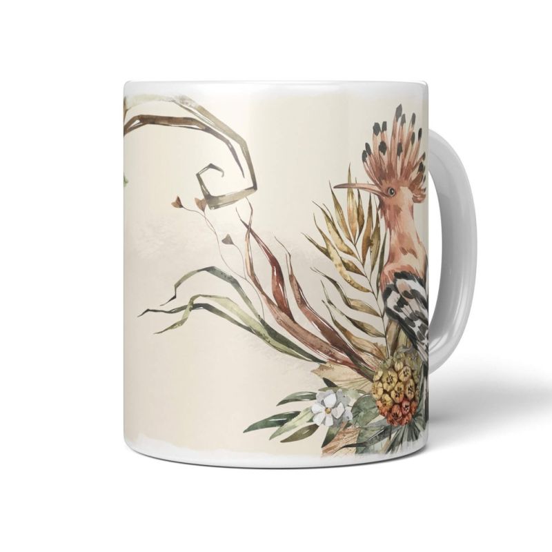 Dekorative Tasse mit schönem Vogel Motiv Wiedehopf exotische Pflanzen Pastelltöne Vintage