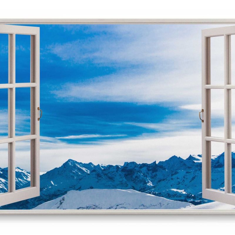 Wandbild 120x80cm Fensterbild Blaue Berge Alpen Gebirge Schneegipfel Horizont