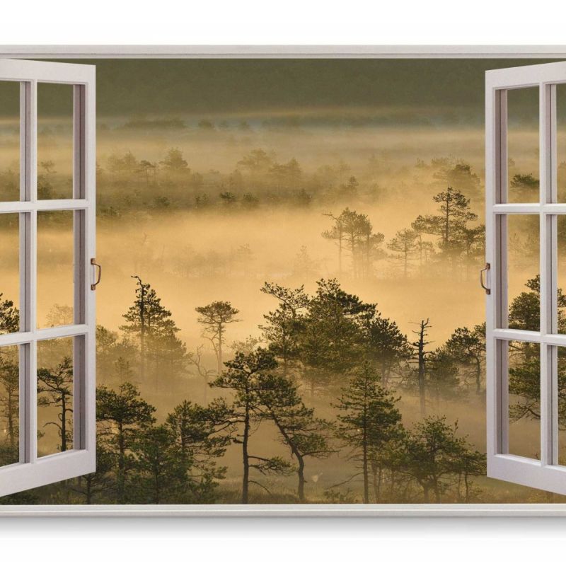 Wandbild 120x80cm Fensterbild Wald Nebel Bäume Natur Sonnenuntergang