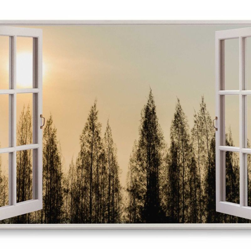 Wandbild 120x80cm Fensterbild Abenddämmerung Sonnenuntergang Bäume Baumkronen