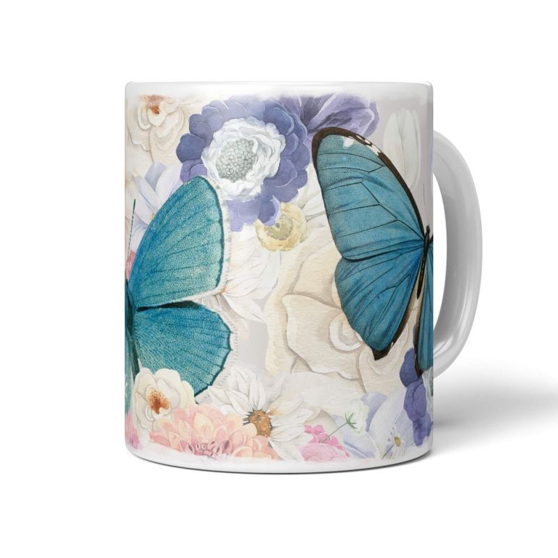 Dekorative Tasse mit schönem Motiv blaue Schmetterlinge Blumen Blüten Sommer Vintage