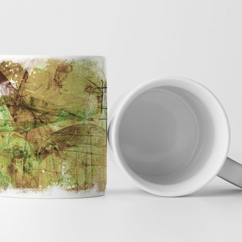 Tasse Geschenk olivgrüne Grundierung; waldgrüne, braun/weiße Abstraktionen