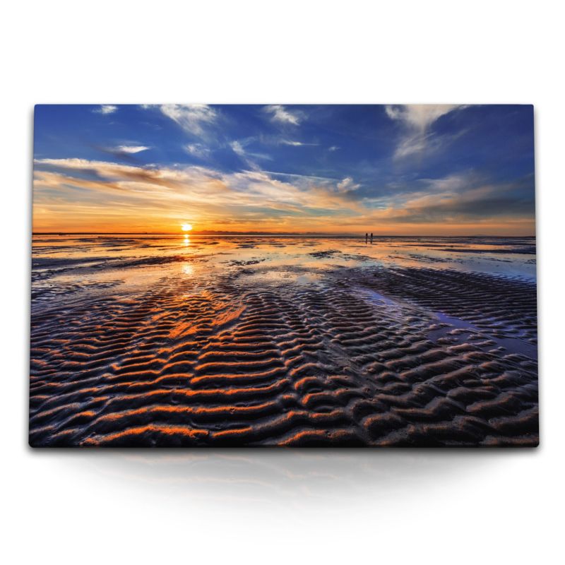 120x80cm Wandbild auf Leinwand Ebbe Horizont Sonnenuntergang Abendrot Meer