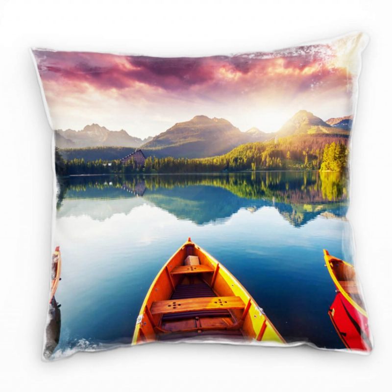 Seen, bunt, Boote, Spiegelung, Wald, Sonnenaufgang Deko Kissen 40x40cm für Couch Sofa Lounge Zierkis