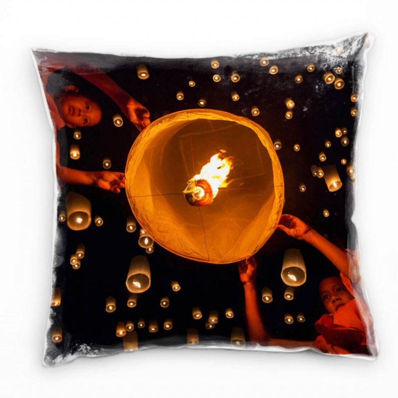 Urban, Nacht, fliegende Laternen, Feuer, orange Deko Kissen 40x40cm für Couch Sofa Lounge Zierkissen