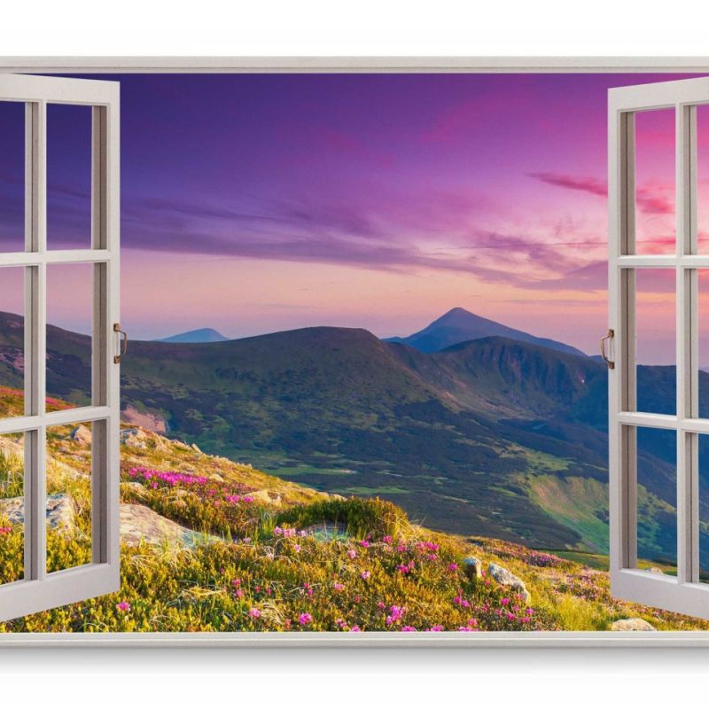 Wandbild 120x80cm Fensterbild Berge Blumen Wildblumen Wiese Grün Sonnenuntergang