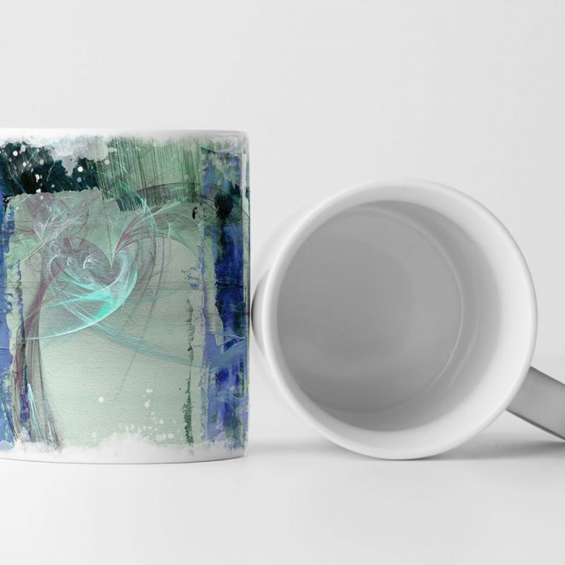 Tasse Geschenk Fragtale in Laubgrün, blaue Elemente