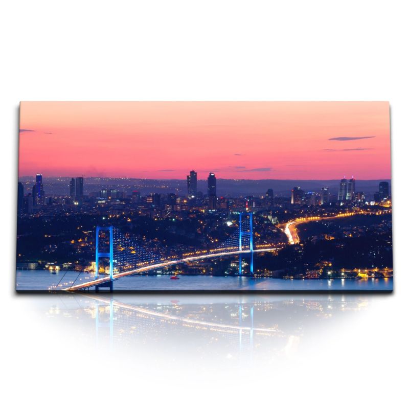 Kunstdruck Bilder 120x60cm Istanbul Bosporus Brücke bei Nacht Abendröte