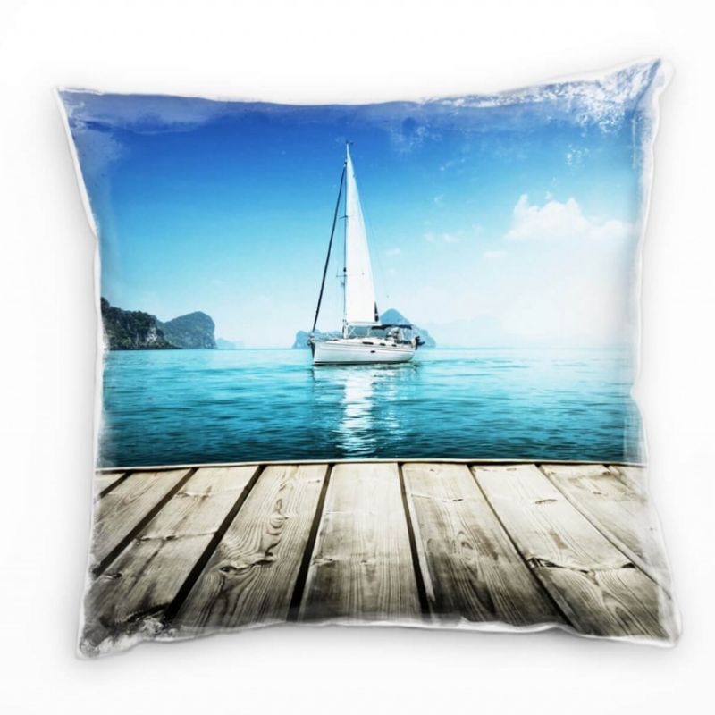 Strand und Meer, Steg, grau, Boot, türkis Deko Kissen 40x40cm für Couch Sofa Lounge Zierkissen