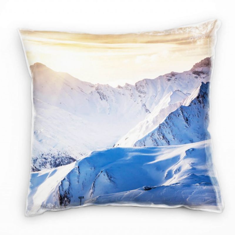 Winter, weiß, blau, orange, schneebedeckte Berge Deko Kissen 40x40cm für Couch Sofa Lounge Zierkisse