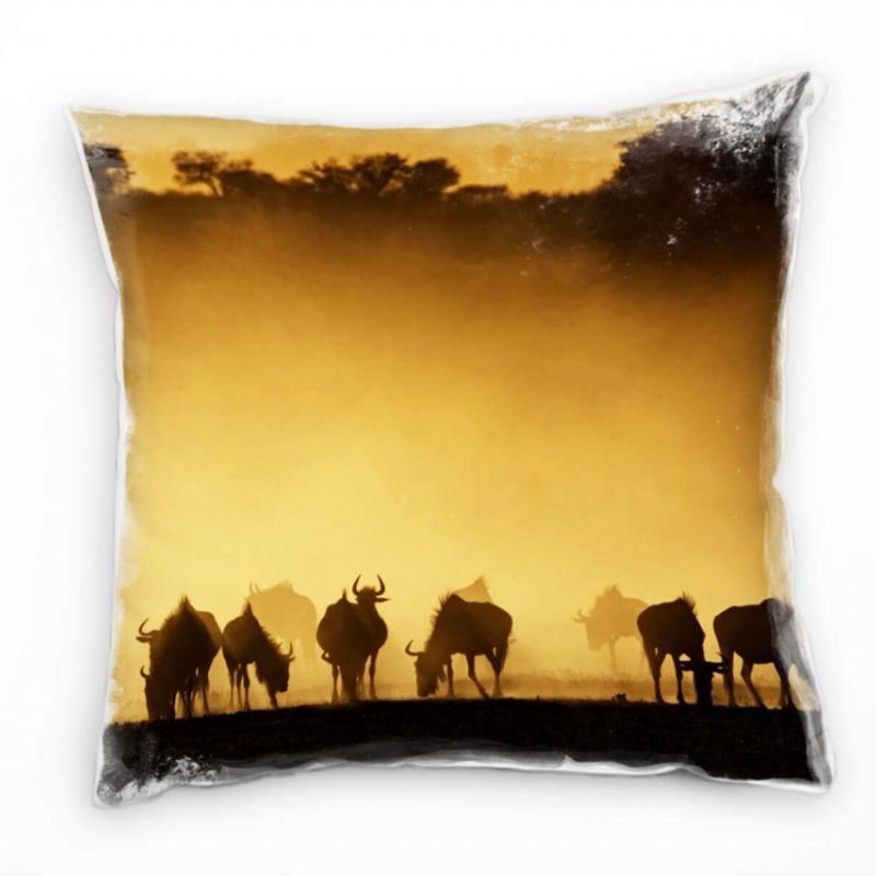 Tiere, schwarz, orange, Silhouetten, Sonnenaufgang, Afrika Deko Kissen 40x40cm für Couch Sofa Lounge