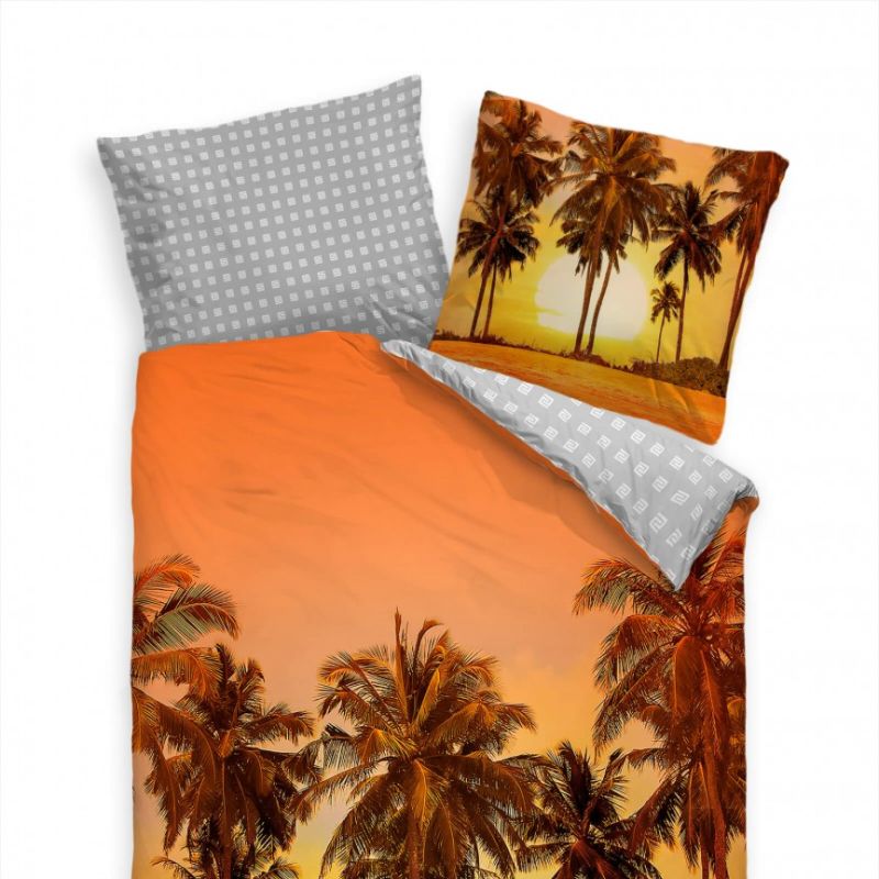 Palmen Sonnenuntergang Orange Gelb Bettwäsche Set 135×200 cm + 80x80cm  Atmungsaktiv