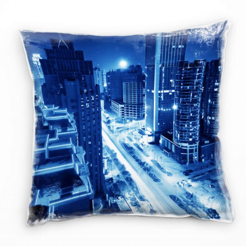 Urban und City, blau, Nacht, Lichtlinien, Hochhäuser Deko Kissen 40x40cm für Couch Sofa Lounge Zierk