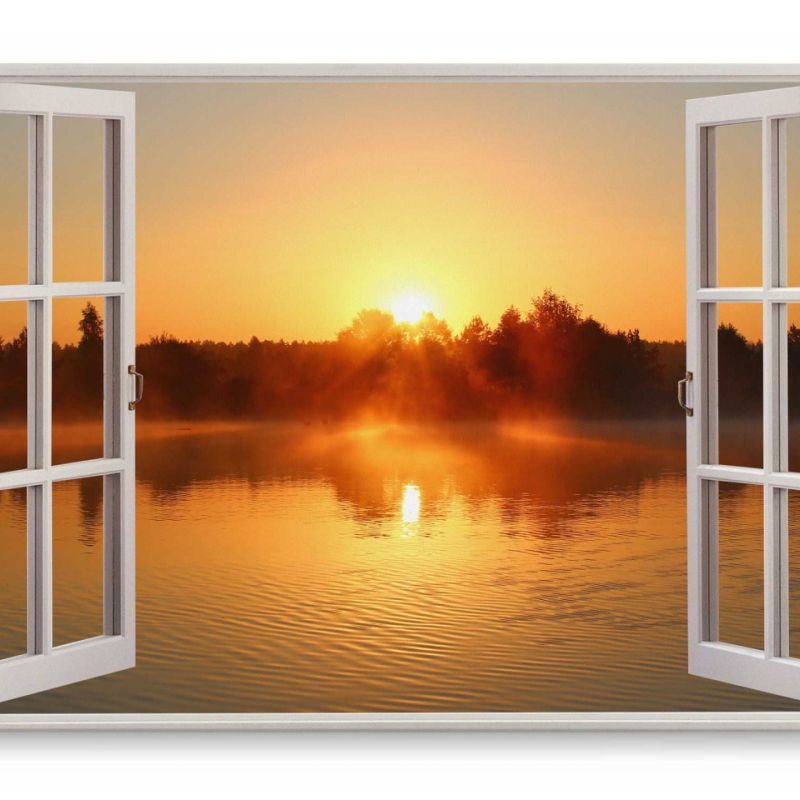 Wandbild 120x80cm Fensterbild Abendrot See roter Himmel Natur Sonnenuntergang