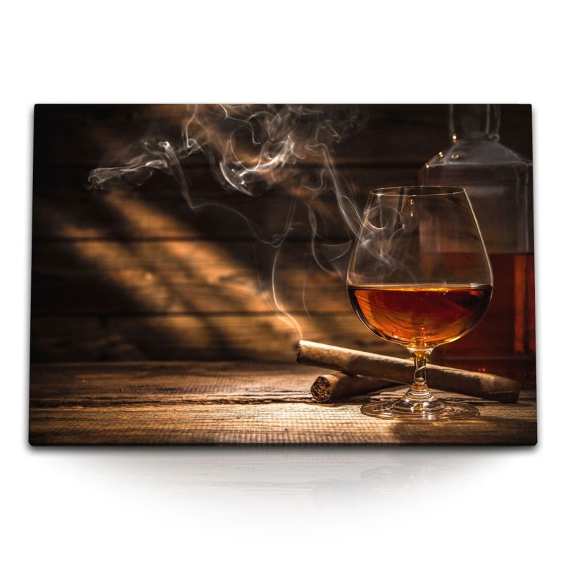 120x80cm Wandbild auf Leinwand Zigarren Whiskey Bar Männerzimmer Holz