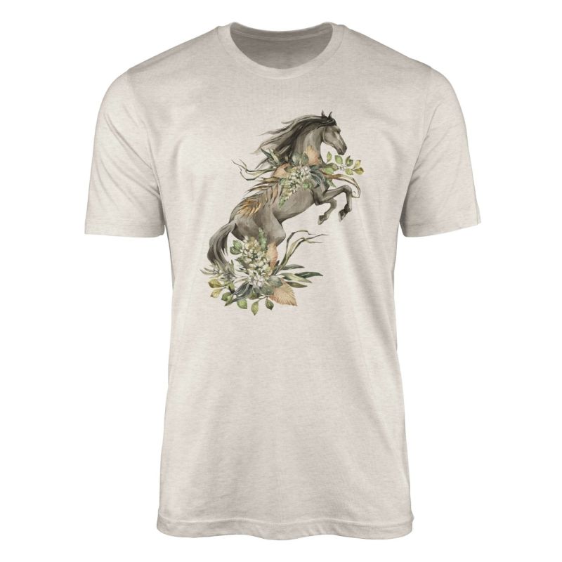 Herren Shirt 100% gekämmte Bio-Baumwolle T-Shirt  Aquarell Pferd Blumen Motiv Nachhaltig Ökomode aus